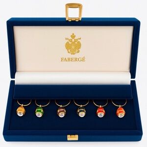 Fabergé Egg Wine Glass Charms – Set of 6 – Blue Velvet Box – New Old Stock